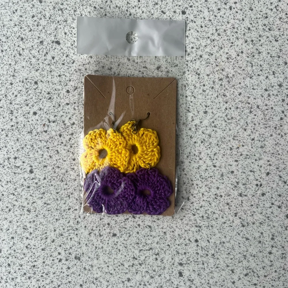 Crochet Yellow and Purple Floral Earrings